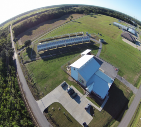 drone shot overhead of the Cleco alternative energy center